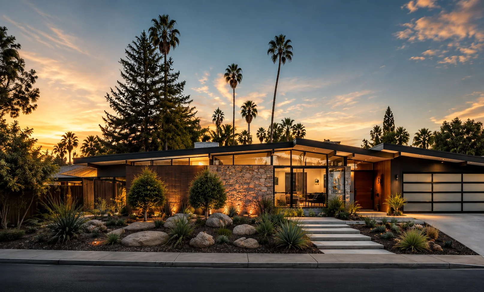 A California home surrounded by palms at sunset
